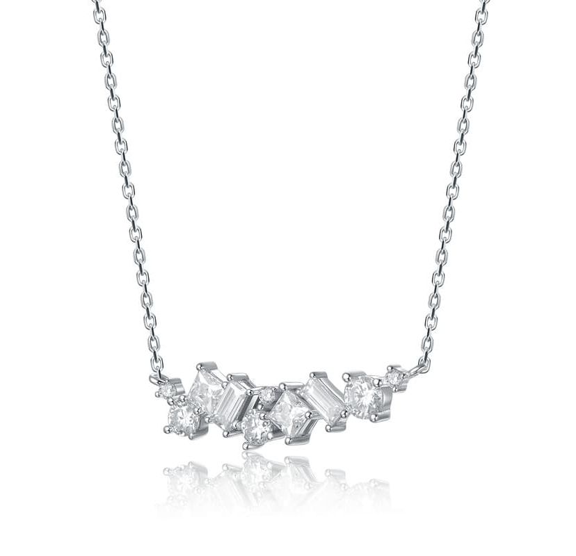 Sterling Silver White Gold Plated with Lab Created Moissanite Cluster Cascade Necklace