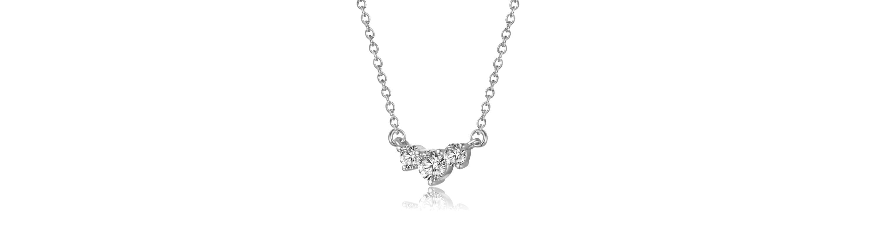 Sterling Silver White Gold Plated with Lab Created Moissanite Three-Stone Chevron Necklace