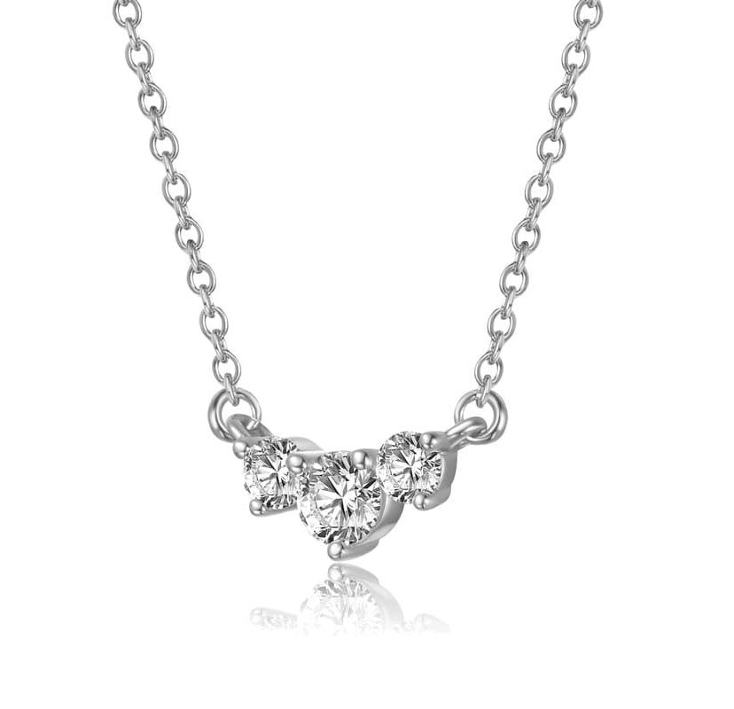 Sterling Silver White Gold Plated with Lab Created Moissanite Three-Stone Chevron Necklace
