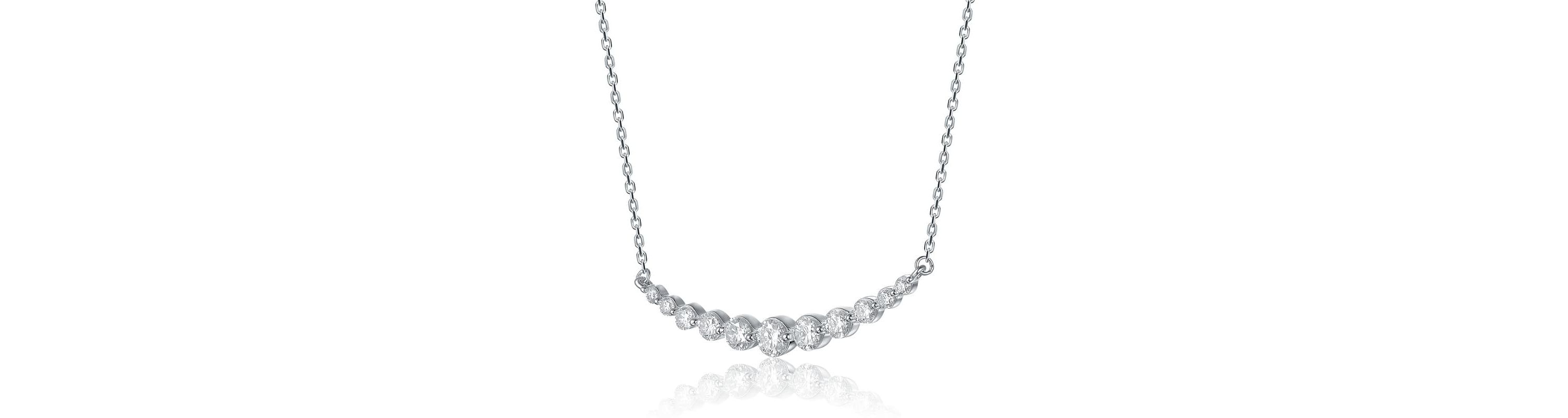 Sterling Silver White Gold Plated with 0.09ct Lab Created Moissanite Curved Bar Pendant Necklace