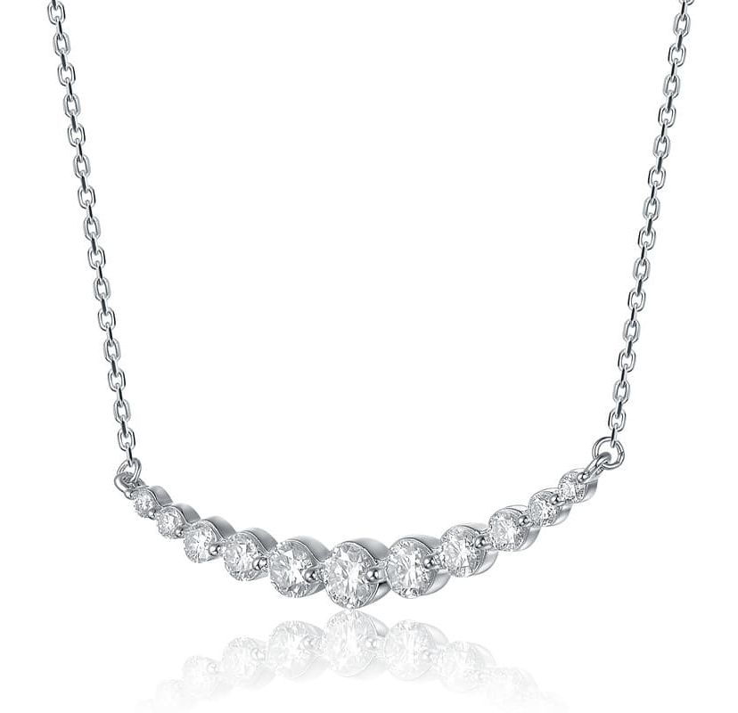 Sterling Silver White Gold Plated with 0.09ct Lab Created Moissanite Curved Bar Pendant Necklace