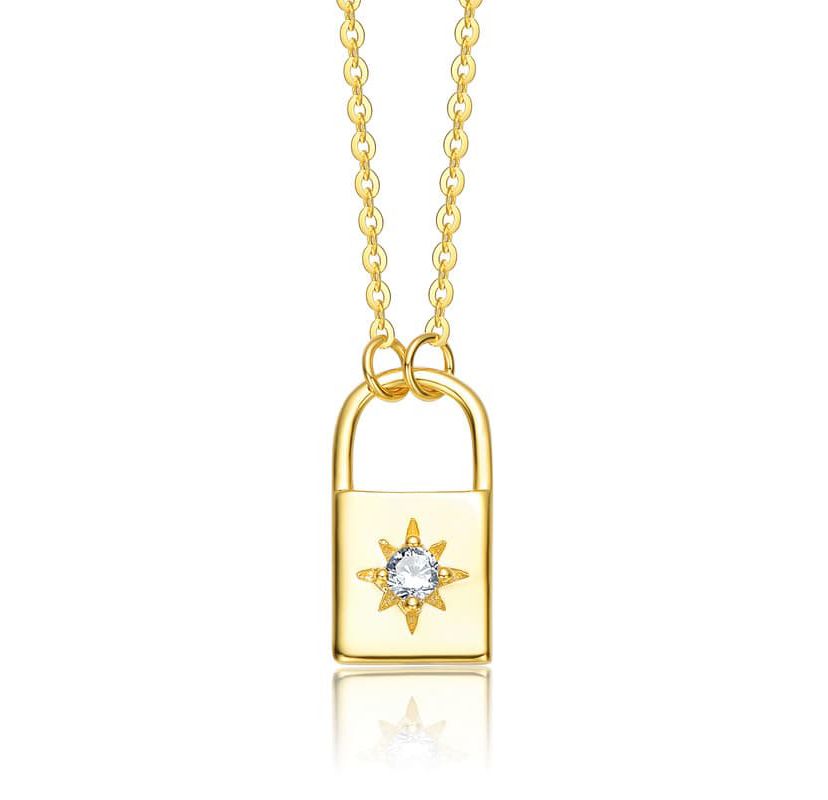 Sterling Silver 14K Gold Plated with 0.60ctw Lab Created Moissanite Padlock Pendant Necklace