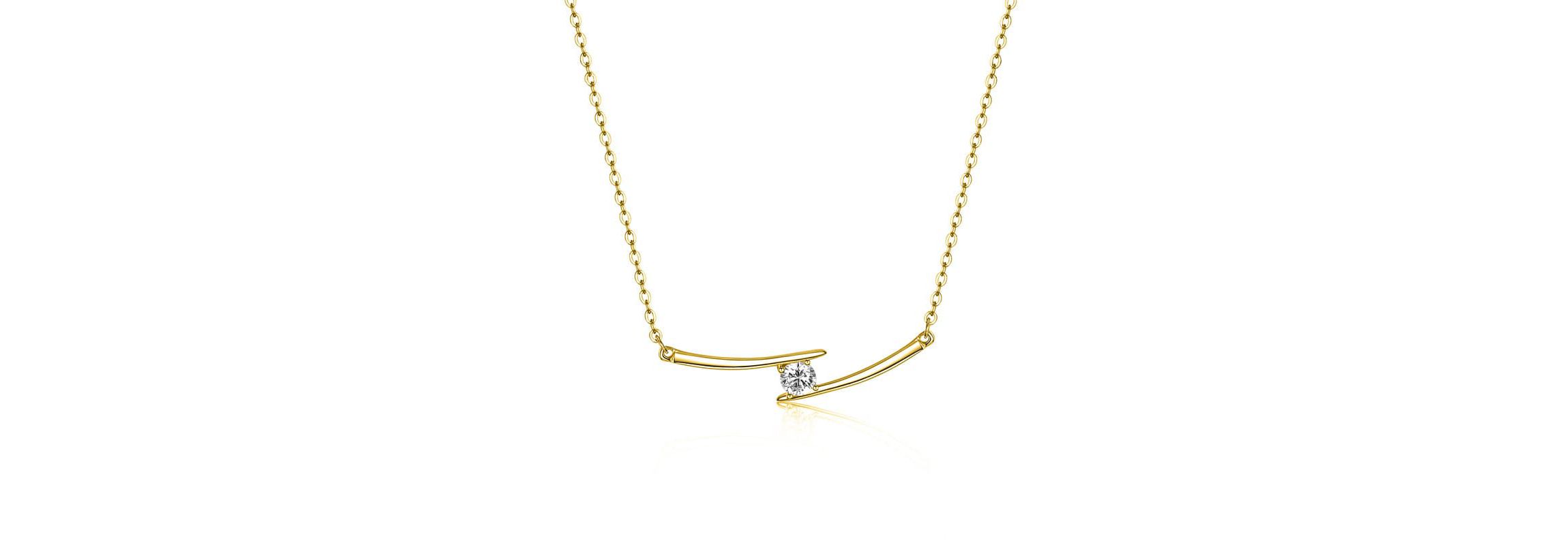Sterling Silver 14K Gold Plated with 0.30ctw Lab Created Moissanite Solitaire Chevron Bar Pendant Necklace