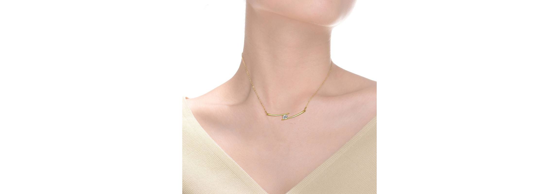 Sterling Silver 14K Gold Plated with 0.30ctw Lab Created Moissanite Solitaire Chevron Bar Pendant Necklace