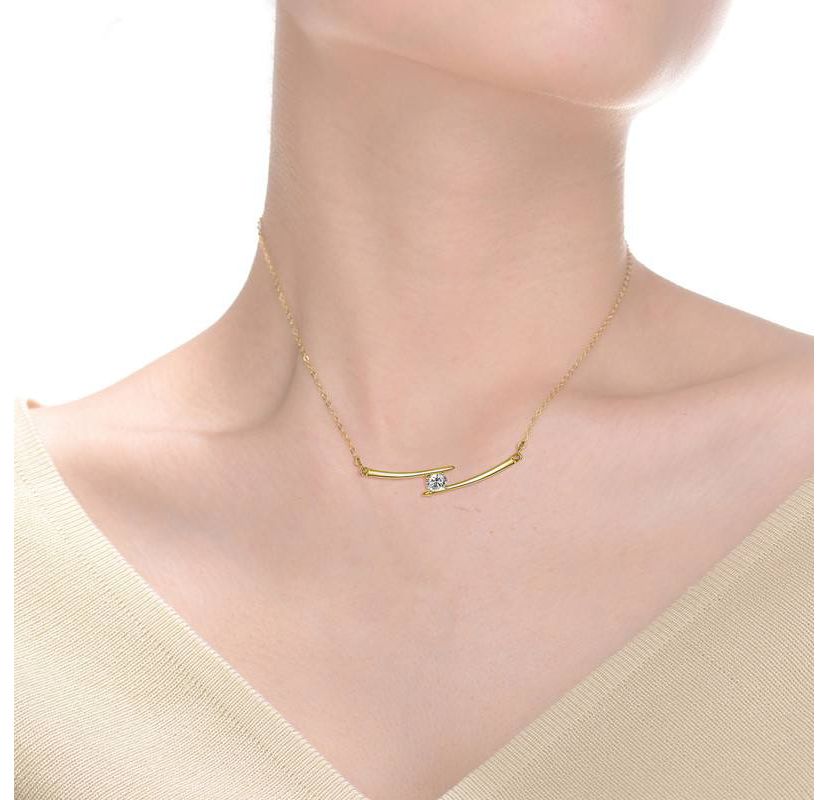 Sterling Silver 14K Gold Plated with 0.30ctw Lab Created Moissanite Solitaire Chevron Bar Pendant Necklace