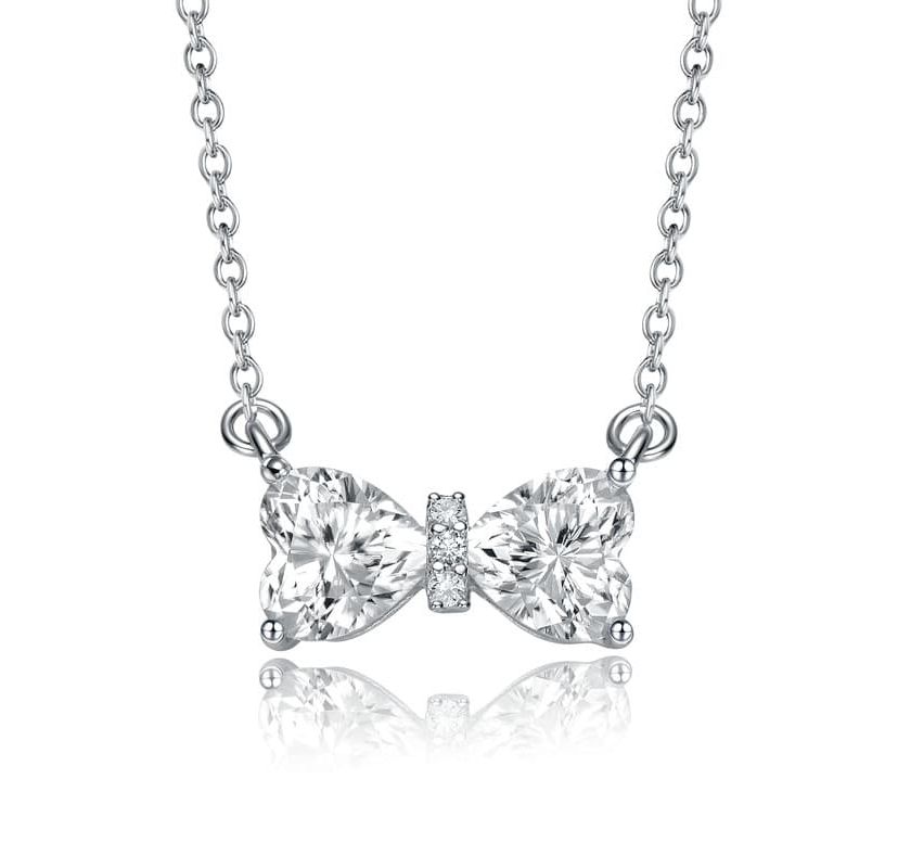Sterling Silver White Gold Plated with 1.50ctw Lab Created Moissanite Bow-Tie Pendant Necklace