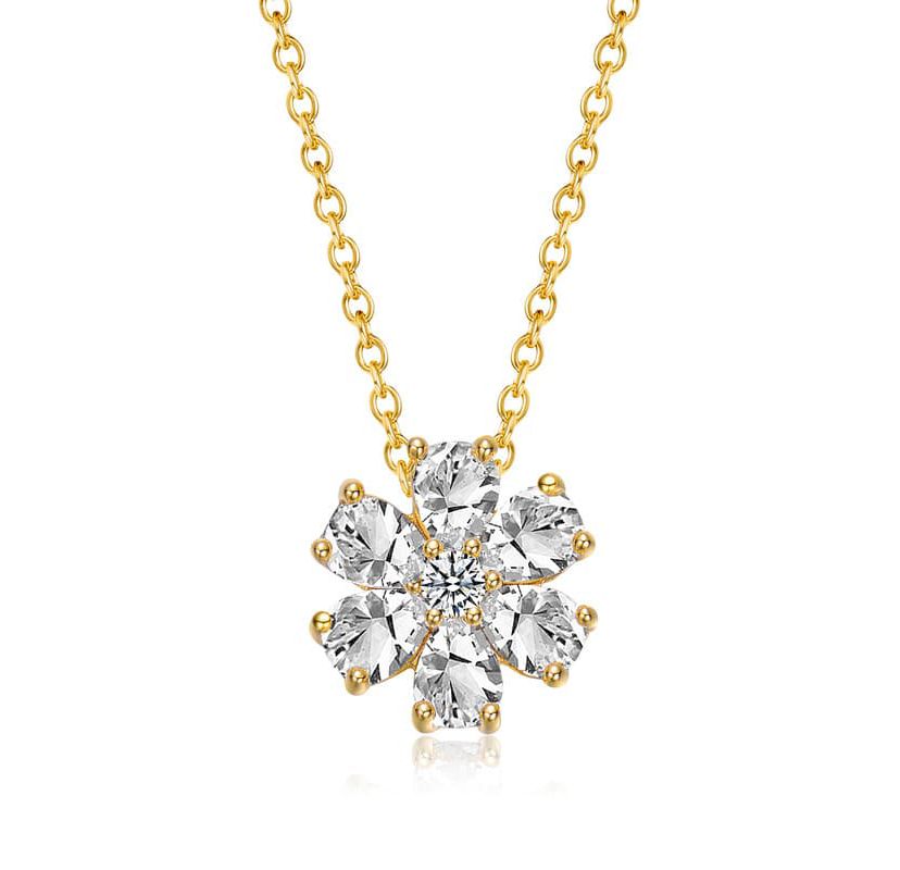 Lab Created Sterling Silver 14K Gold Plated with Lab-Created Moissanite Daisy Cluster Pendant Necklace