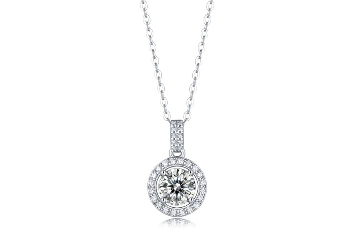 Sterling Silver White Gold Plated with 2ctw Lab Created Moissanite Round Halo Pendant Necklace
