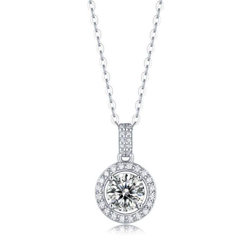 Sterling Silver White Gold Plated with 2ctw Lab Created Moissanite Round Halo Pendant Necklace