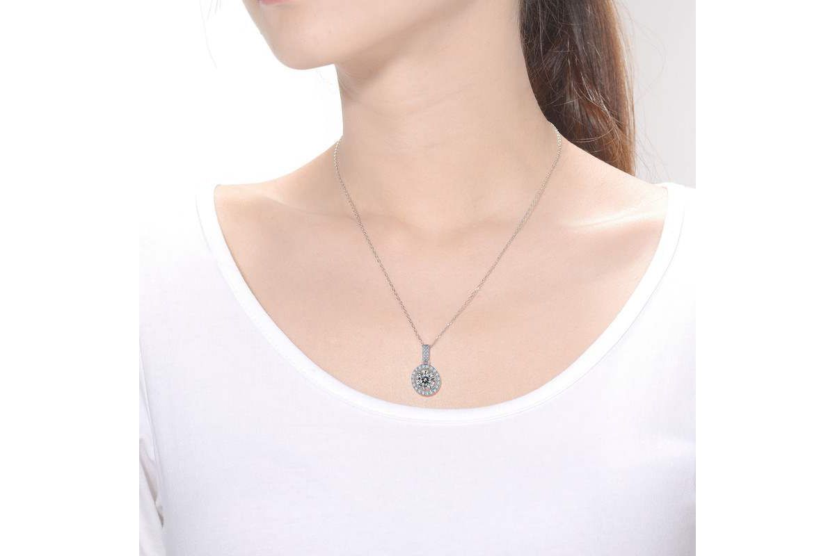 Sterling Silver White Gold Plated with 2ctw Lab Created Moissanite Round Halo Pendant Necklace