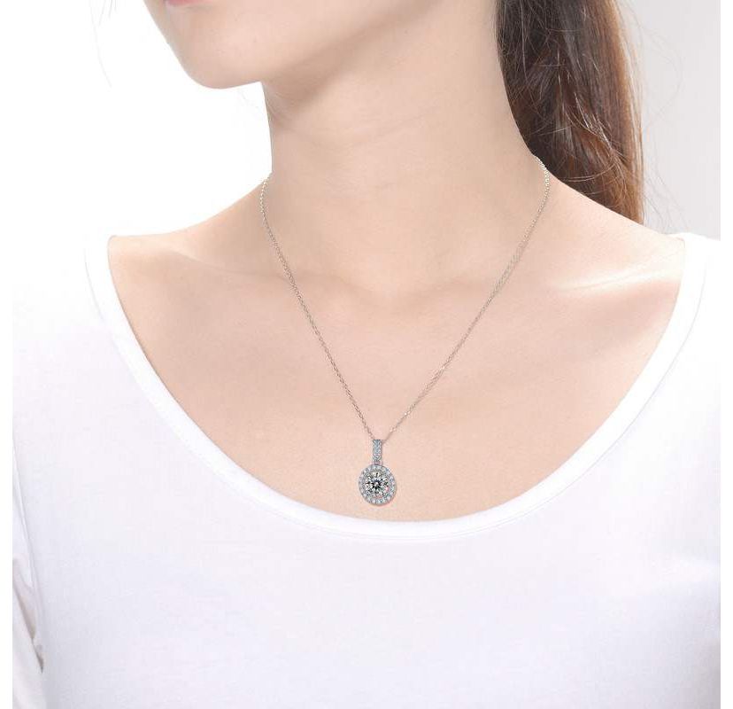 Sterling Silver White Gold Plated with 2ctw Lab Created Moissanite Round Halo Pendant Necklace