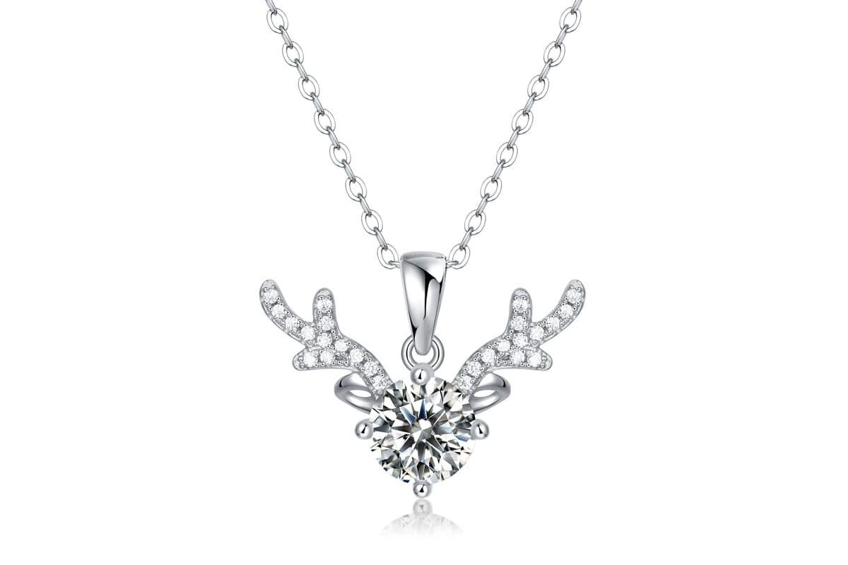 Sterling Silver White Gold Plated with 1ctw Lab Created Moissanite Antler Pendant Necklace