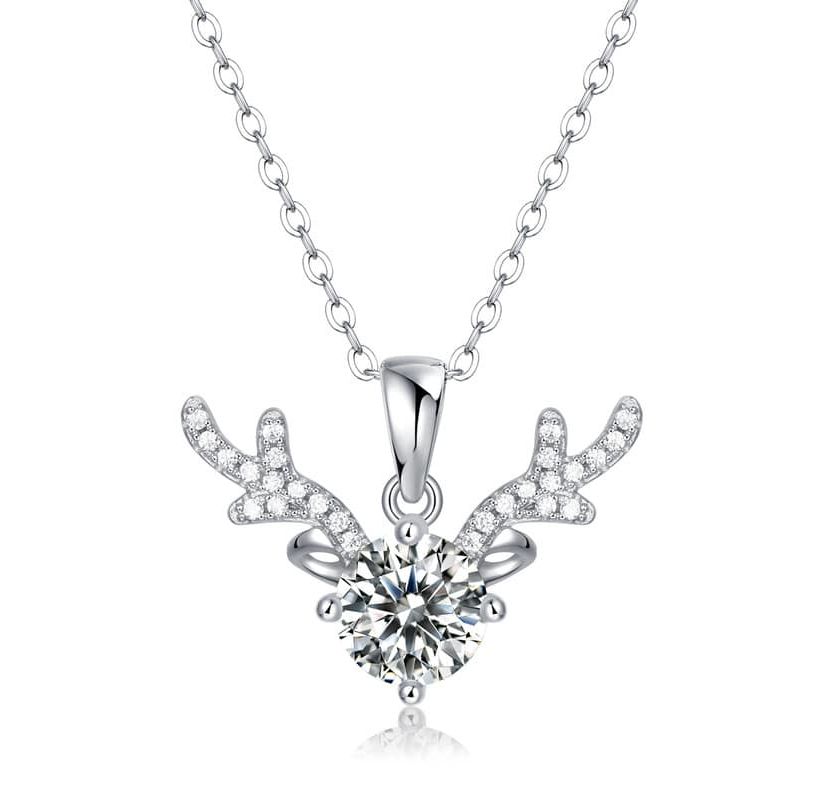 Sterling Silver White Gold Plated with 1ctw Lab Created Moissanite Antler Pendant Necklace