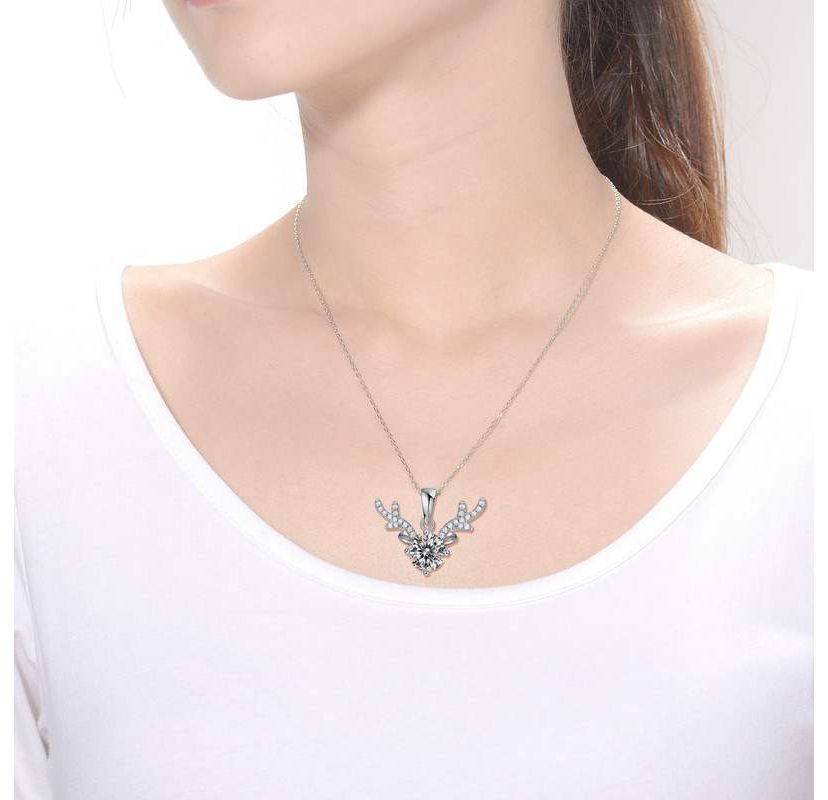 Sterling Silver White Gold Plated with 1ctw Lab Created Moissanite Antler Pendant Necklace