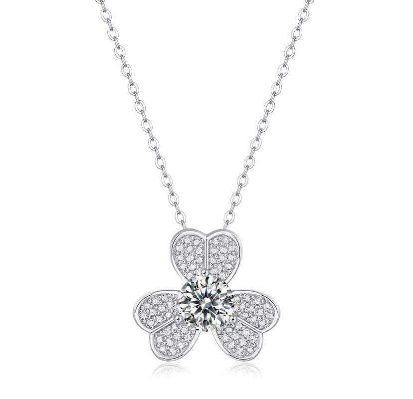 Sterling Silver White Gold Plated with 1ctw Lab Created Moissanite French Pave Blooming Flower Necklace