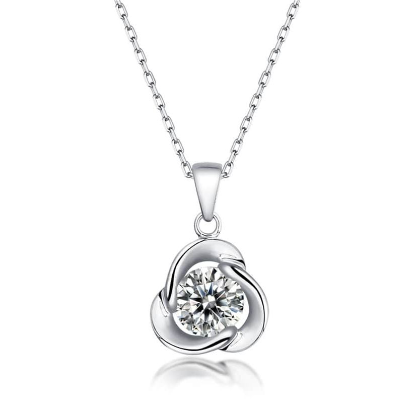 Lab Created Sterling Silver White Gold Plated with 1ct Round Moissanite Solitaire Flower Swirl Pendant Necklace