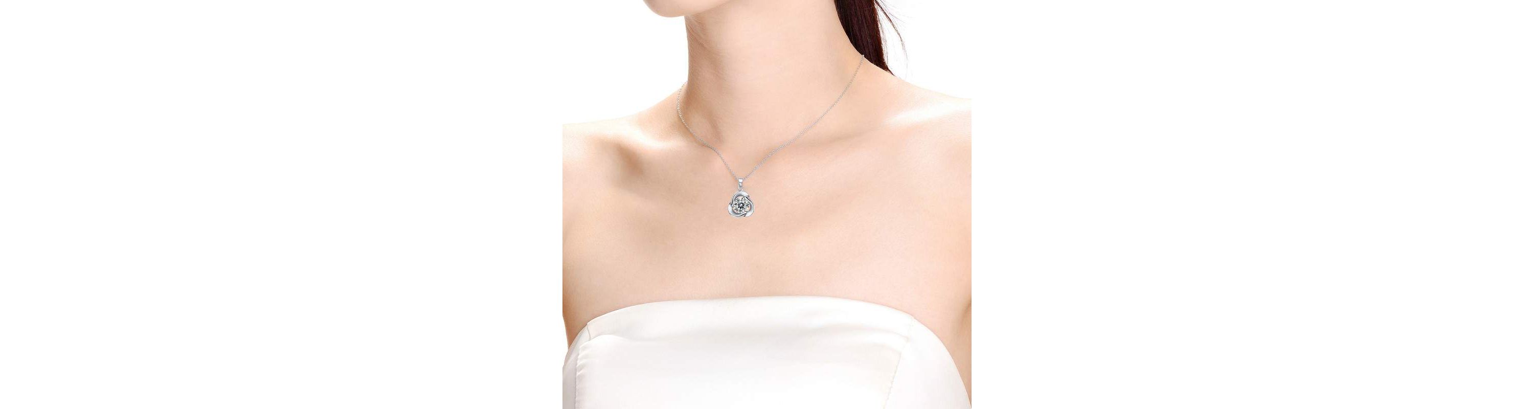 Lab Created Sterling Silver White Gold Plated with 1ct Round Moissanite Solitaire Flower Swirl Pendant Necklace