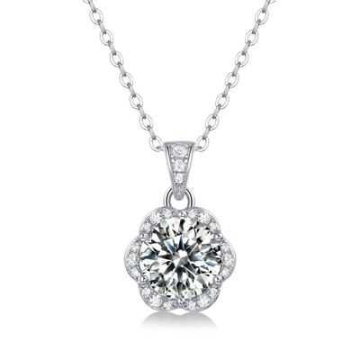 Rozzato Sterling Silver White Gold Plated with 2ctw Lab Created Moissanite Cluster Lace Halo Flower Pendant Necklace