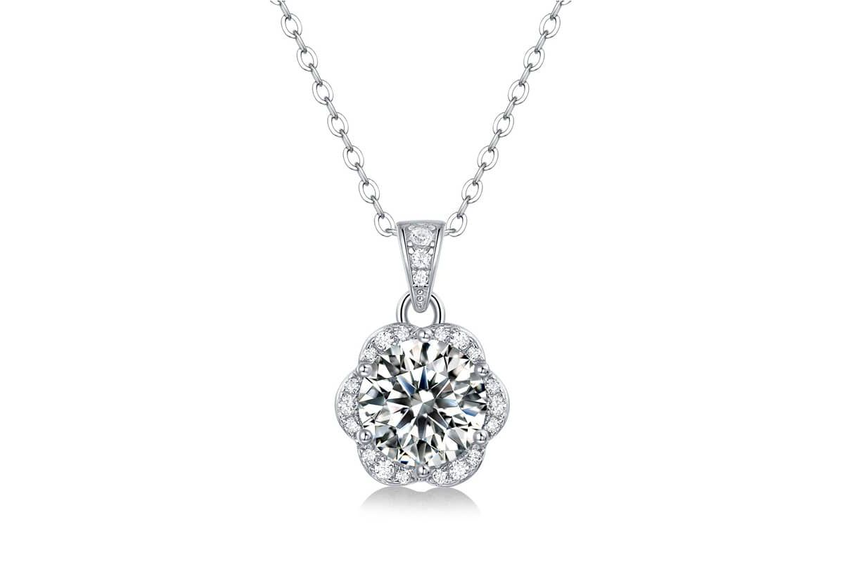 Sterling Silver White Gold Plated with 2ctw Lab Created Moissanite Cluster Lace Halo Flower Pendant Necklace