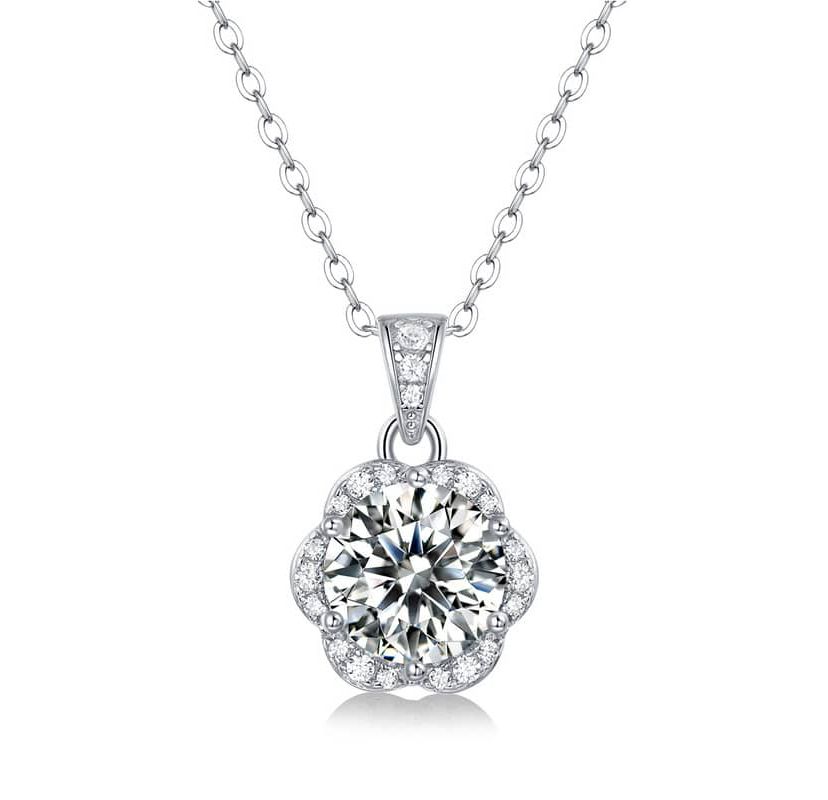Sterling Silver White Gold Plated with 2ctw Lab Created Moissanite Cluster Lace Halo Flower Pendant Necklace