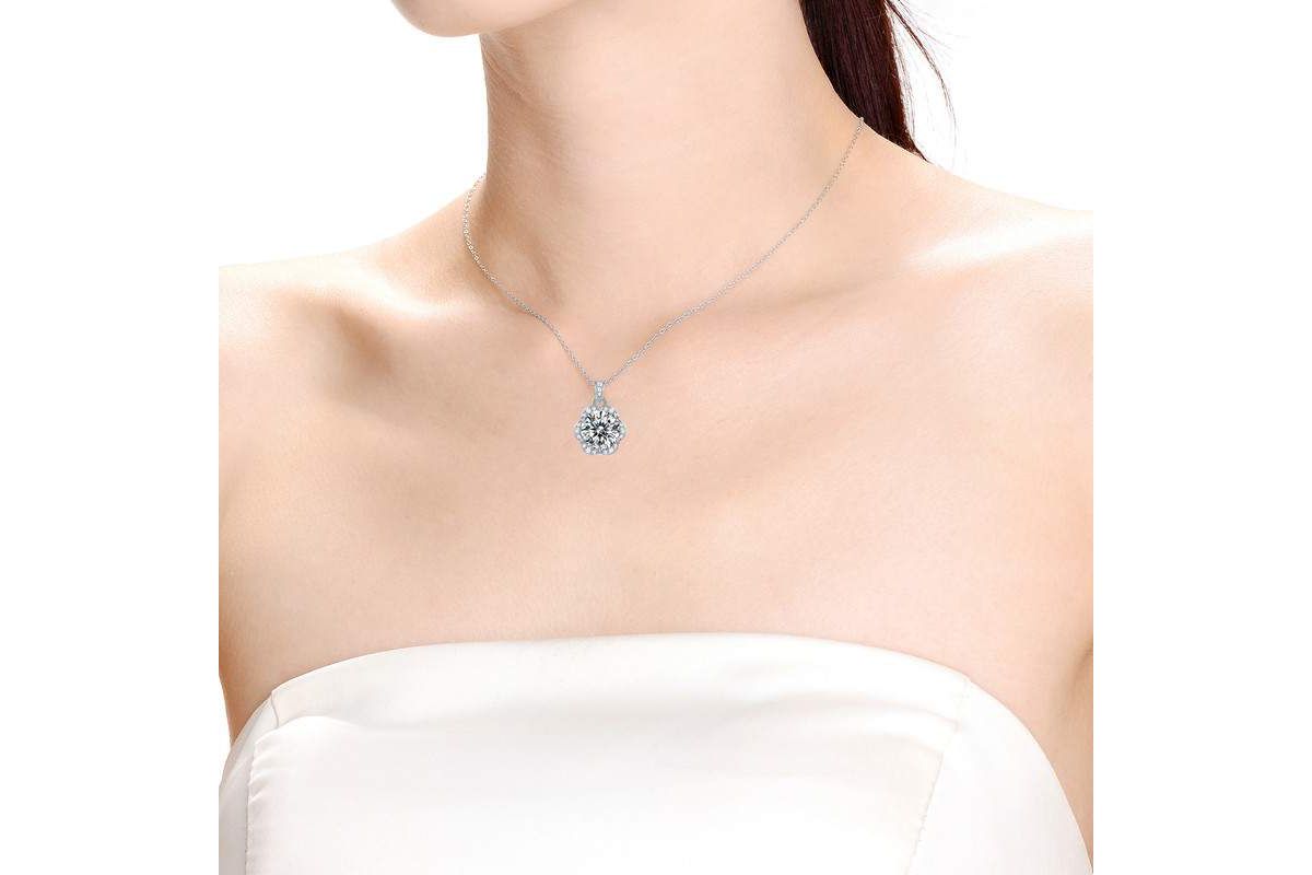 Sterling Silver White Gold Plated with 2ctw Lab Created Moissanite Cluster Lace Halo Flower Pendant Necklace