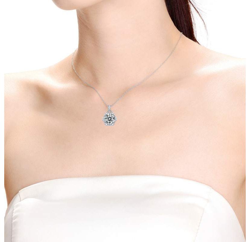 Sterling Silver White Gold Plated with 2ctw Lab Created Moissanite Cluster Lace Halo Flower Pendant Necklace