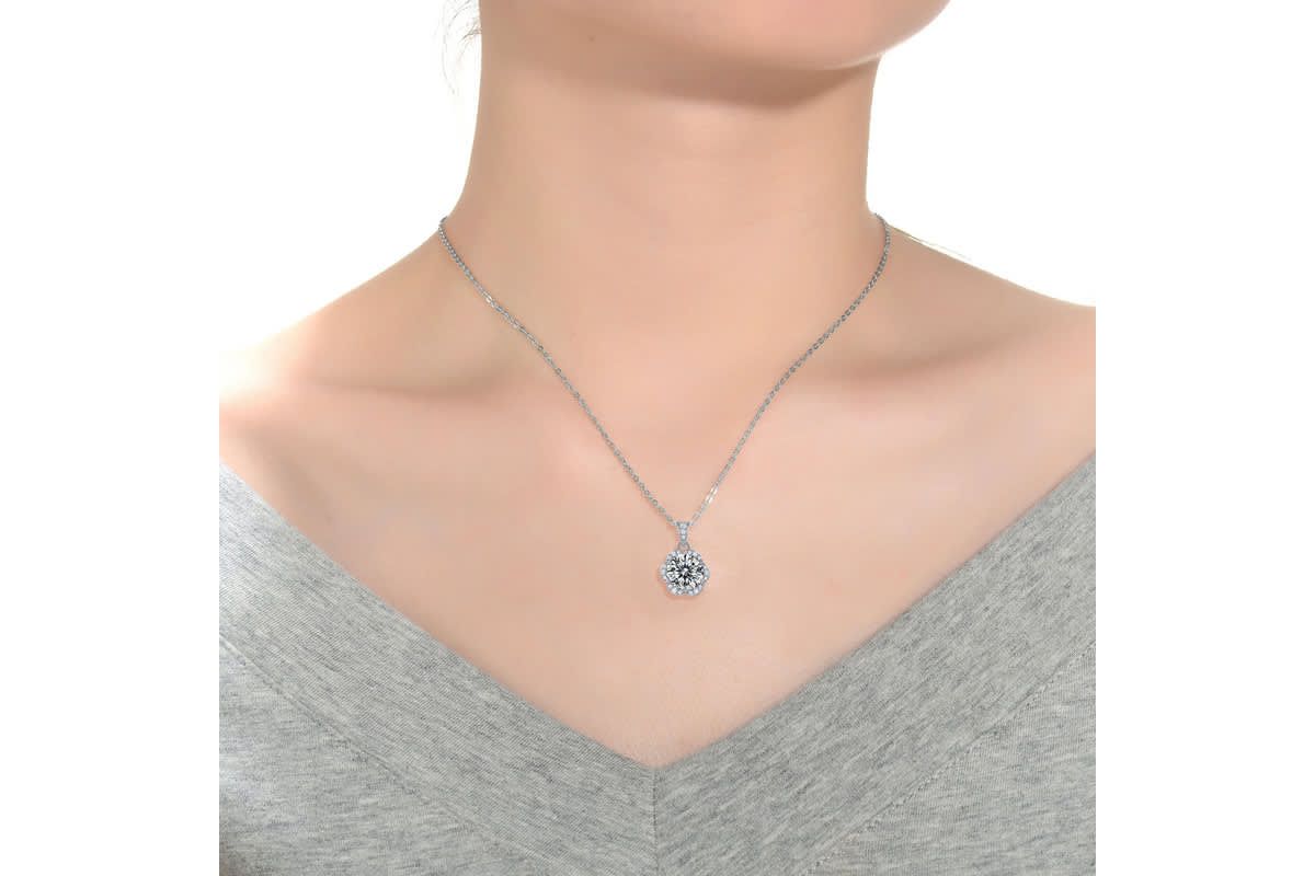 Sterling Silver White Gold Plated with 2ctw Lab Created Moissanite Cluster Lace Halo Flower Pendant Necklace