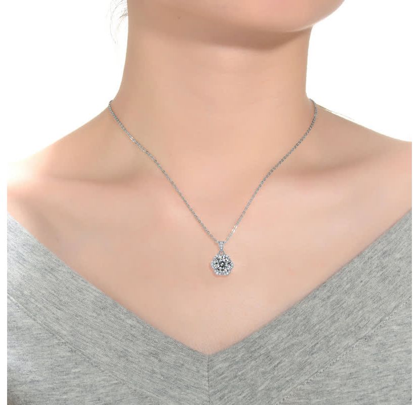 Sterling Silver White Gold Plated with 2ctw Lab Created Moissanite Cluster Lace Halo Flower Pendant Necklace