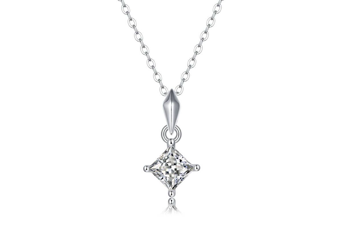 Sterling Silver White Gold Plated with 1ctw Lab Created Moissanite Princess Solitaire Pendant Necklace