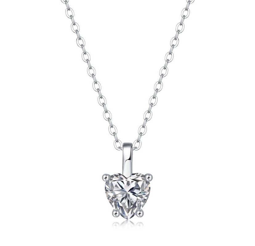 Sterling Silver White Gold Plated with 1ct Lab Created Moissanite Heart Solitaire Pendant Necklace