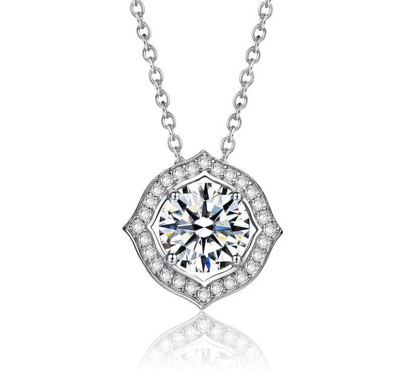Sterling Silver White Gold Plated with Clear 1ctw Lab Created Moissanite Round Halo Vintage Style Pendant Necklace