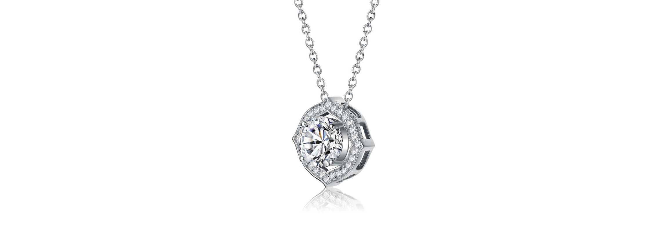 Sterling Silver White Gold Plated with Clear 1ctw Lab Created Moissanite Round Halo Vintage Style Pendant Necklace
