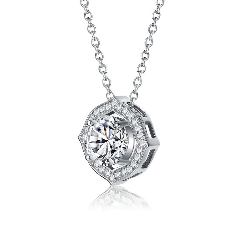 Sterling Silver White Gold Plated with Clear 1ctw Lab Created Moissanite Round Halo Vintage Style Pendant Necklace