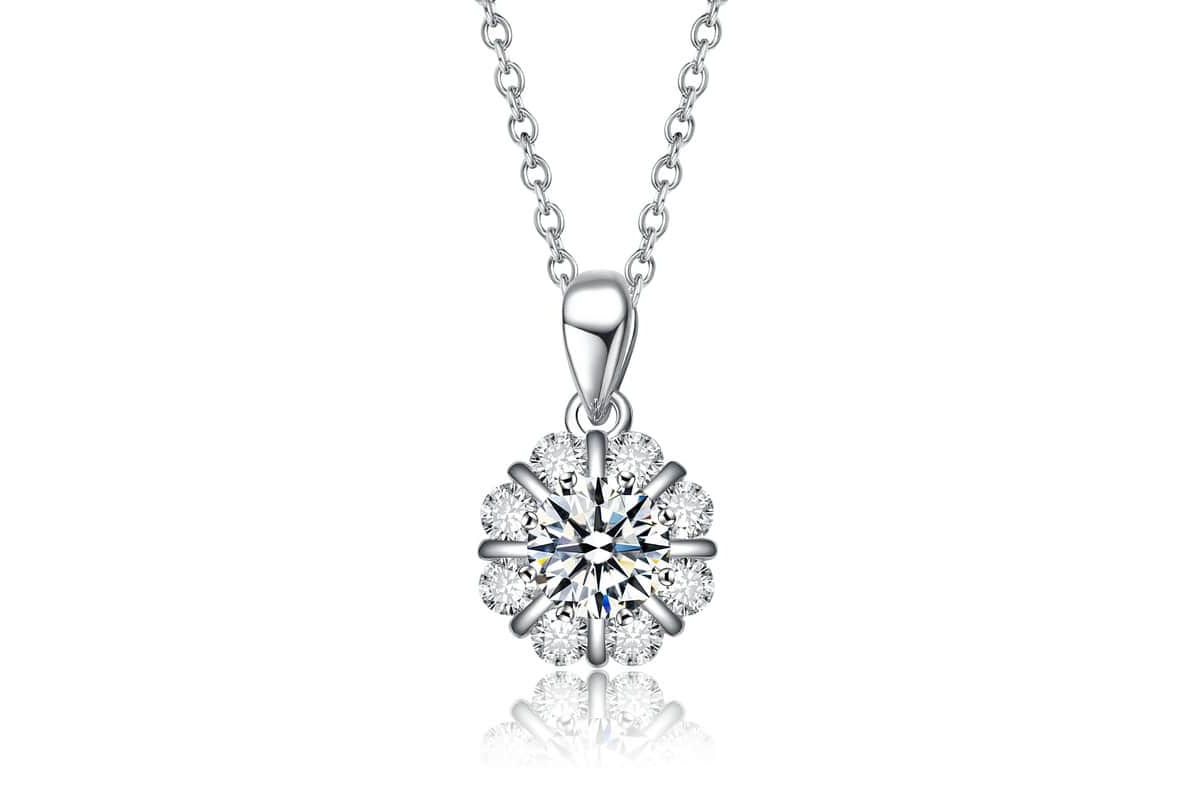 Sterling Silver White Gold Plated with 1.25ctw Lab Created Flower Pinwheel Pendant Necklace