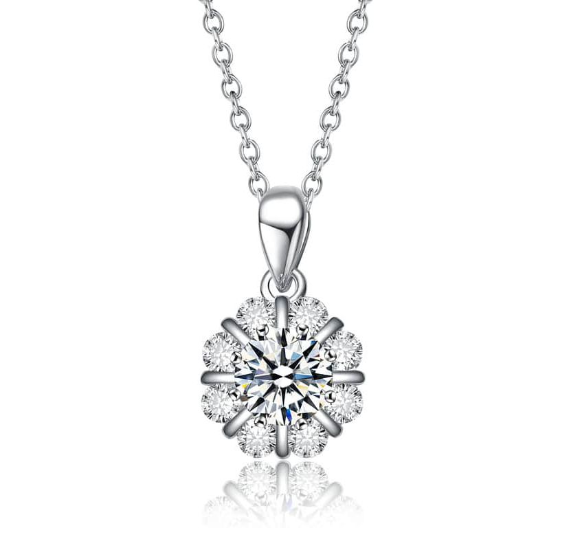 Sterling Silver White Gold Plated with 1.25ctw Lab Created Flower Pinwheel Pendant Necklace