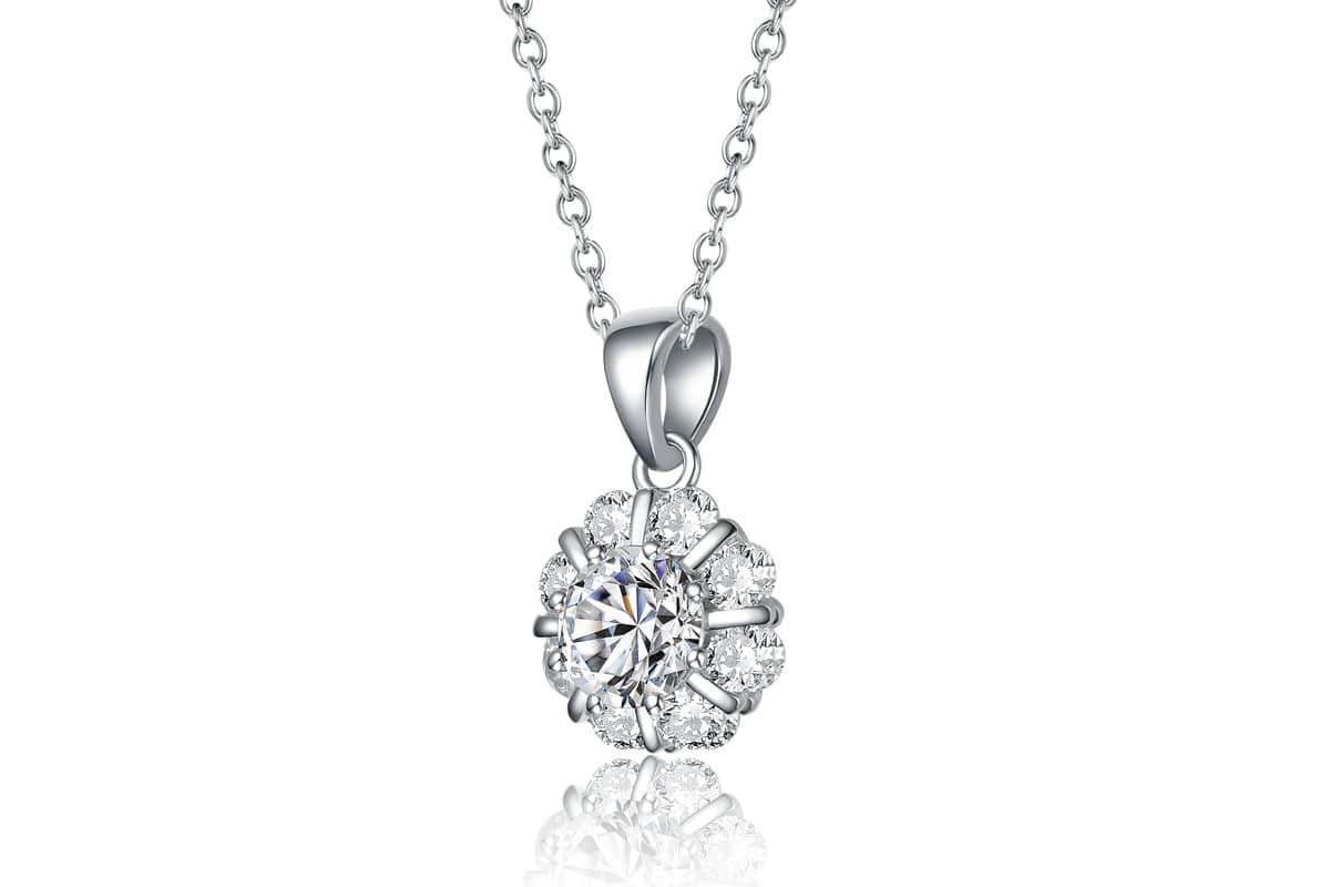 Sterling Silver White Gold Plated with 1.25ctw Lab Created Flower Pinwheel Pendant Necklace