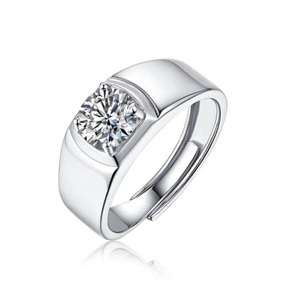 Rozzato Sterling Silver White Gold Plated with 1ct Round Lab Created Moissanite Flush Set Solitaire Men Women Anniversary Adjustable Ring, 8