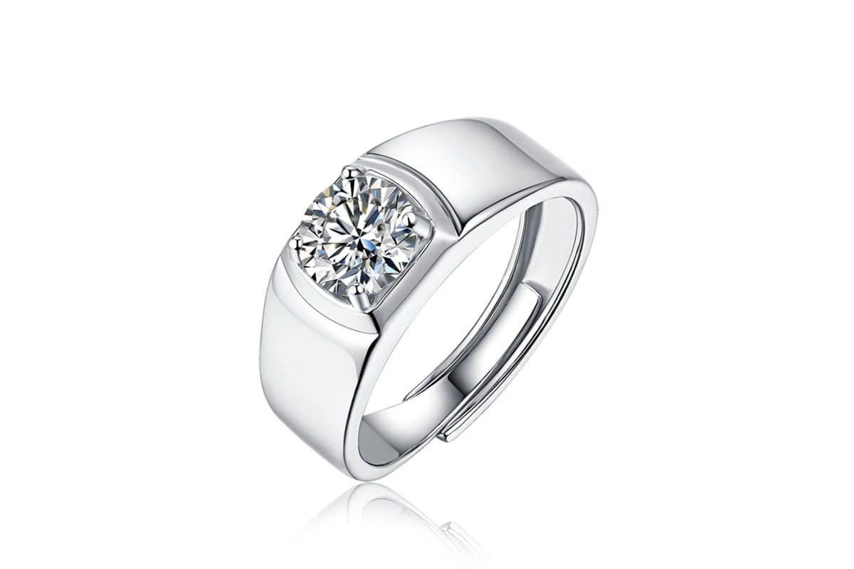 Sterling Silver White Gold Plated with 1ct Round Lab Created Moissanite Flush Set Solitaire Men Women Anniversary Adjustable Ring