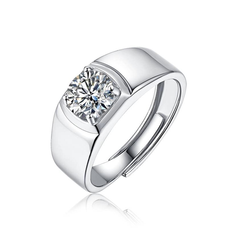 Sterling Silver White Gold Plated with 1ct Round Lab Created Moissanite Flush Set Solitaire Men Women Anniversary Adjustable Ring