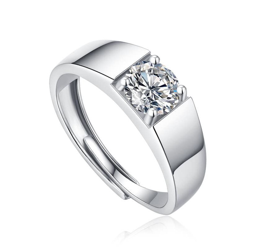 Sterling Silver White Gold Plated with 0.50ct Round Lab Created Moissanite Flush Set Solitaire Men Women Anniversary Adjustable Ring