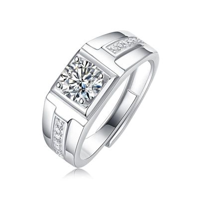 Rozzato Sterling Silver White Gold Plated 1ctw Princess Cut Lab Created Moissanite Solitaire Pave Trim Men & Women Anniversary Adjustable Ring, 9