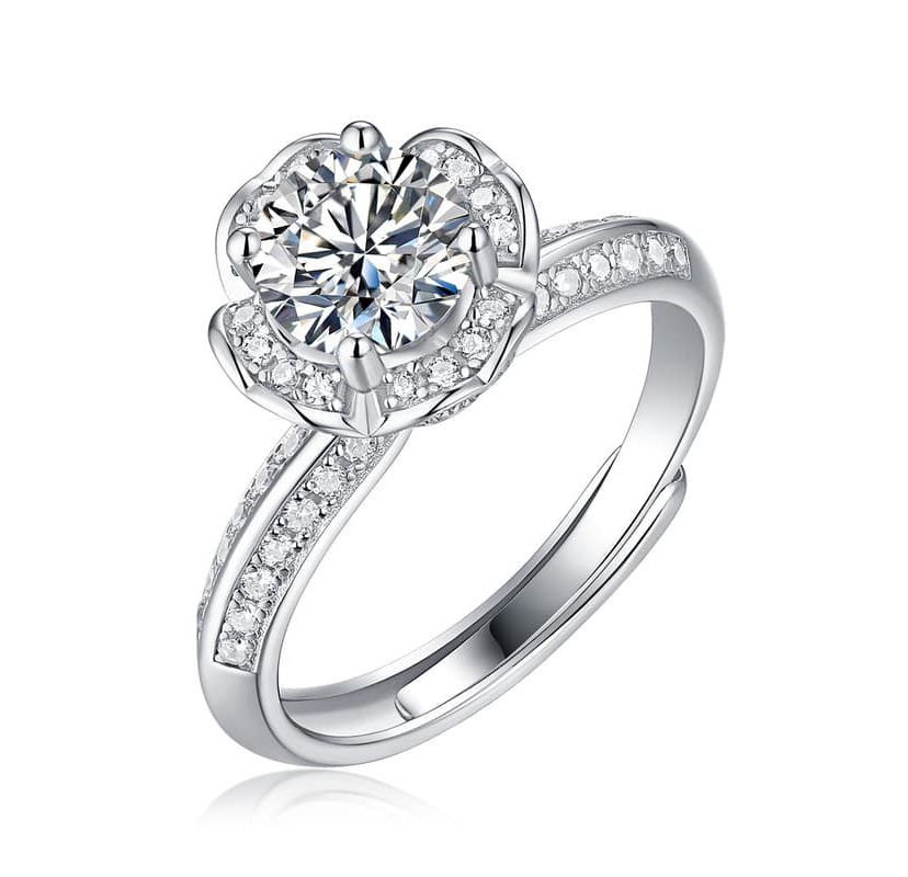 Sterling Silver White Gold Plated with 2ctw Lab Created Moissanite Tulip Pave Engagement Adjustable Ring