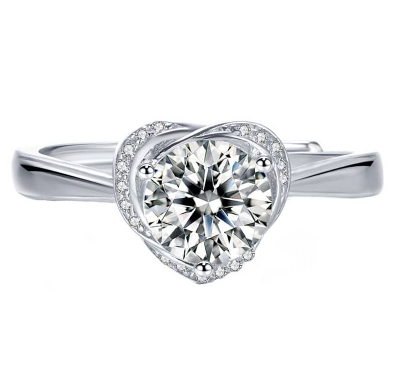 Sterling Silver White Gold Plated with 1.4ctw Round Lab Created Moissanite Heart Pave Promise Adjustable Ring