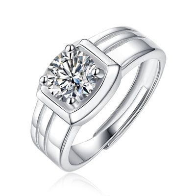Rozzato Sterling Silver White Gold Plated with 1ct Round Lab Created Moissanite Solitaire Grooved Men Women Cool Anniversary Adjustable Ring, 8