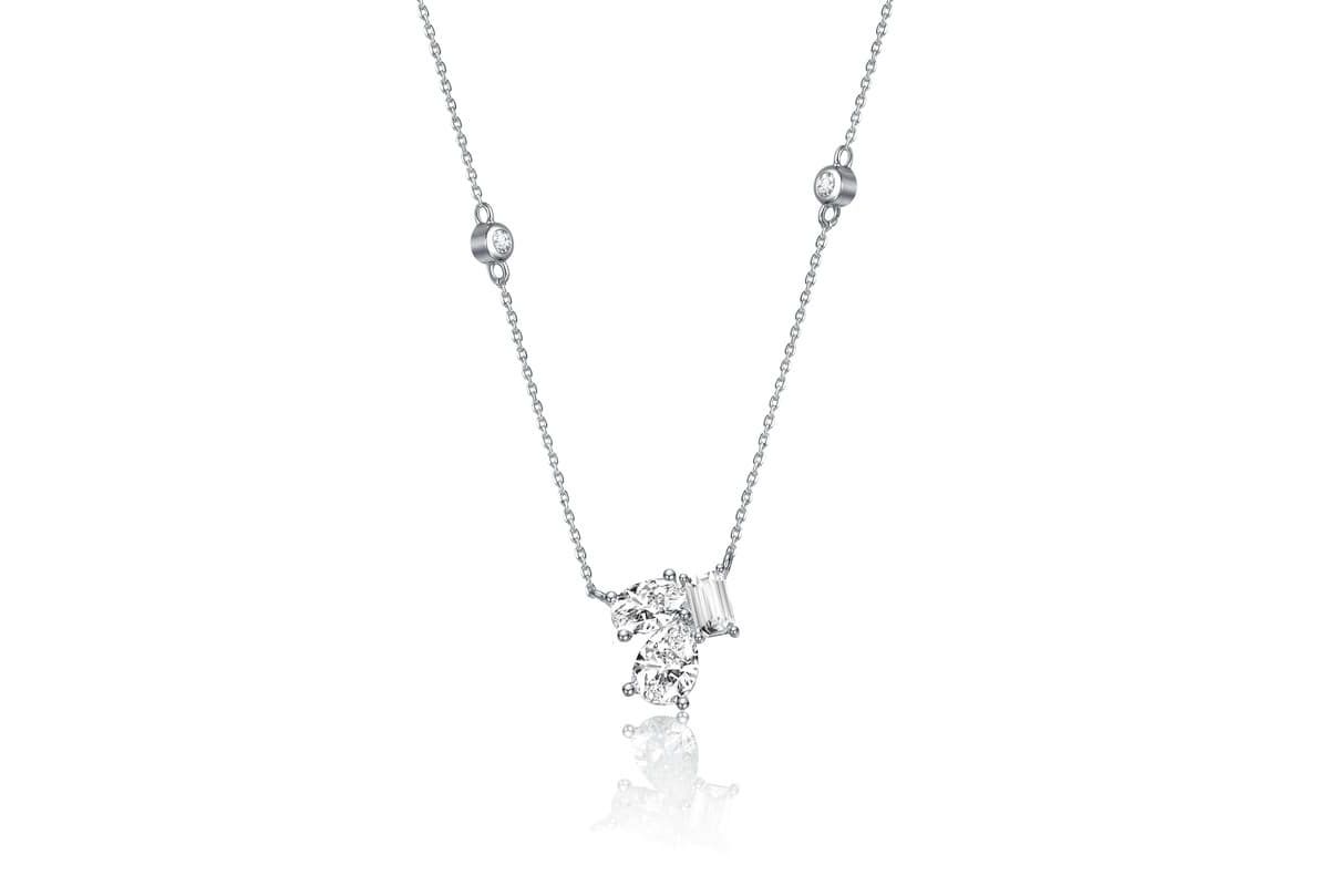 Lab Created Sterling Silver White Gold Plated with Clear Cubic Zirconia Cluster Station Necklace