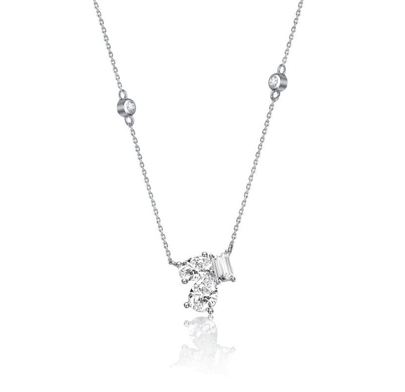 Lab Created Sterling Silver White Gold Plated with Clear Cubic Zirconia Cluster Station Necklace