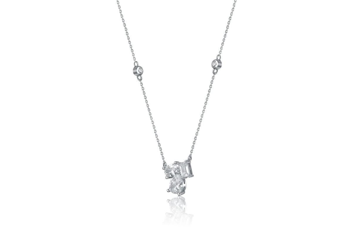 Lab Created Sterling Silver White Gold Plated with Clear Cubic Zirconia Cluster Station Necklace