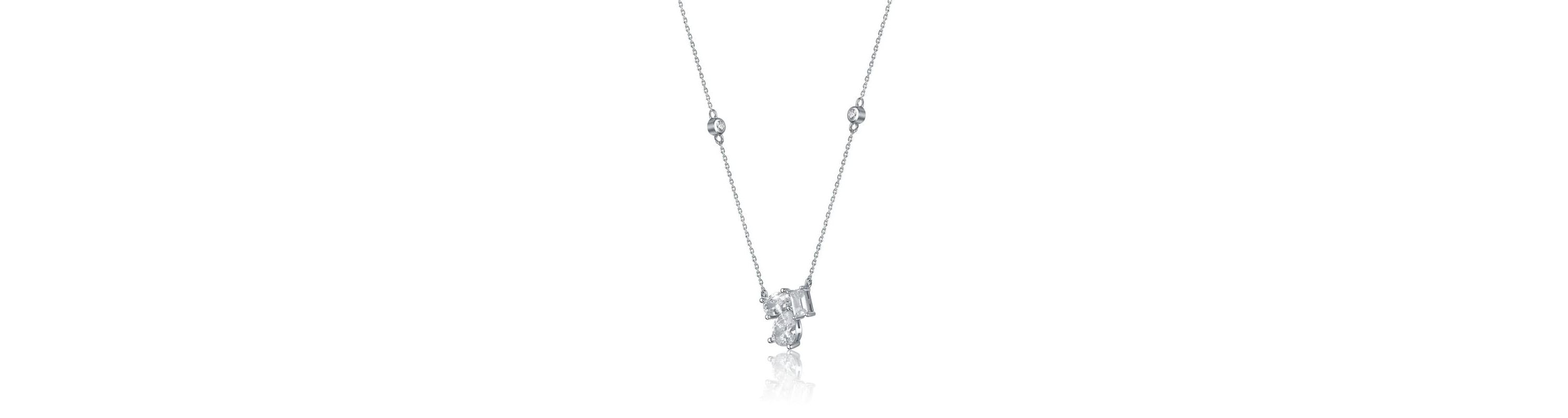 Lab Created Sterling Silver White Gold Plated with Clear Cubic Zirconia Cluster Station Necklace