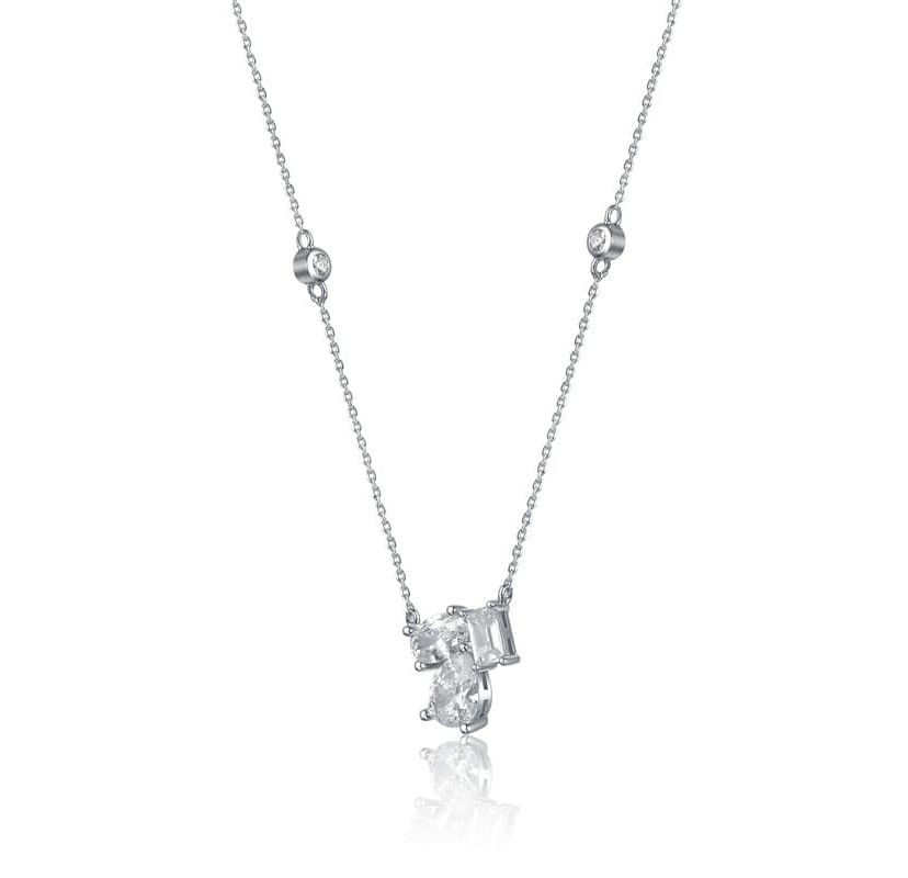 Lab Created Sterling Silver White Gold Plated with Clear Cubic Zirconia Cluster Station Necklace