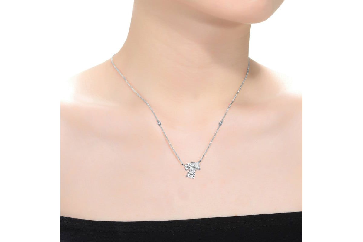 Lab Created Sterling Silver White Gold Plated with Clear Cubic Zirconia Cluster Station Necklace